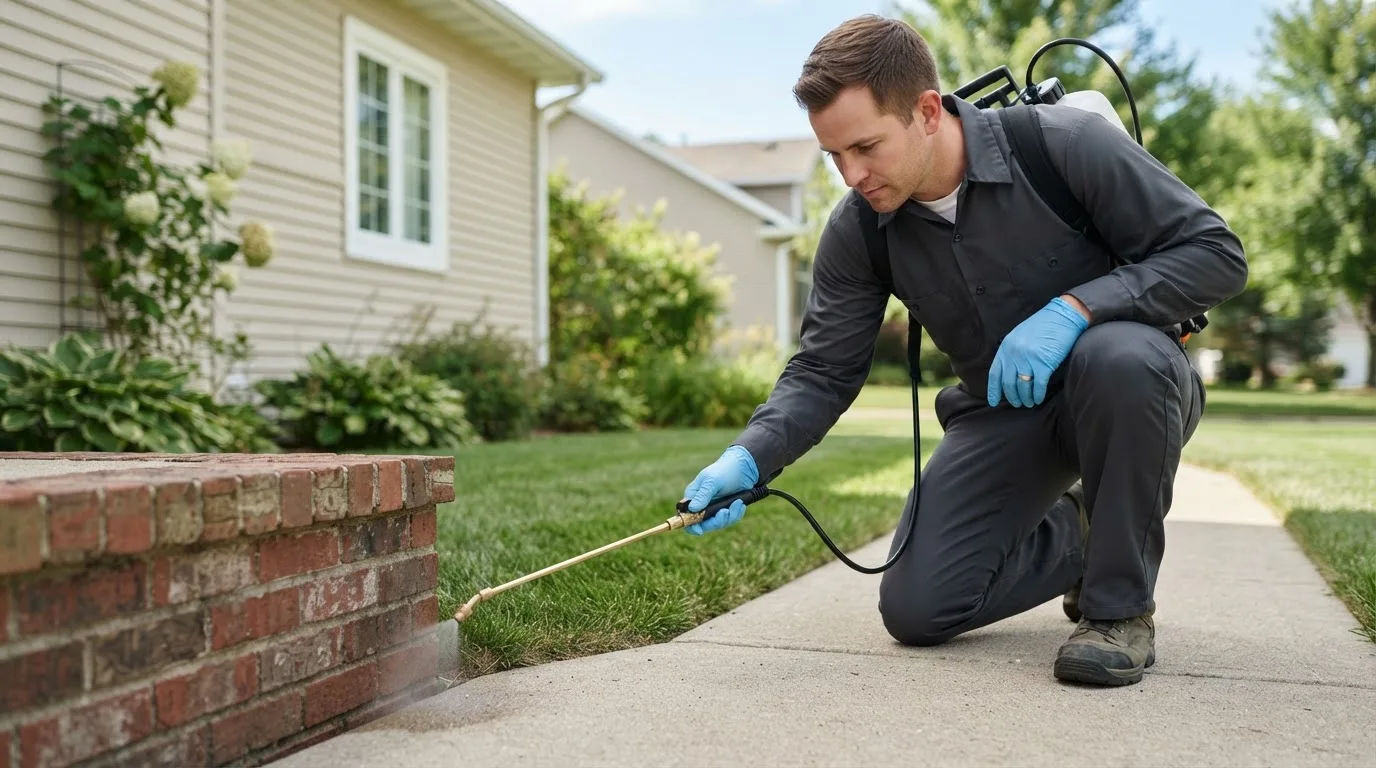 Pest control technician treating a home near Plattsmouth, NE
