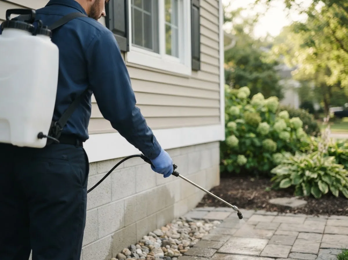 Pest control technician inspecting a home in Plattsmouth, NE